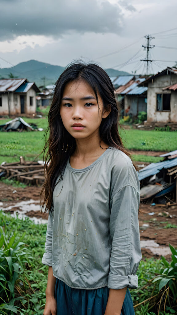 a young abandoned, sad, lonely, poor Vietnamese teen girl looks sadly at the viewer. She has disheveled long hair. She is hopeless. She is poor and scantily tattered dressed. Stands alone in a field. She cries. She has a dirty face. It's raining lightly. She is skinny. There are destroyed houses in the background, ((realistic, detailed photo))