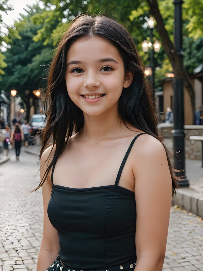 a young and cute teen girl, 13 years old, dark long jet hair, smile, dark dressed in a thin cropped tube top that support her perfect fit and curvy body, in gotic style