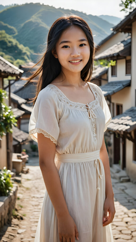 a (((young, beautiful Japanese peasant teen girl))), long straight soft black hair, dressed in a simple, flowing dress, smile confidently as she stands amidst a vast (((traditional village))), her surroundings bathed in a serene, sunny glow