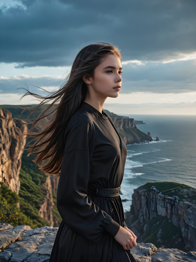 a (((young, beautiful teen girl))), dressed in sleek, ((black clothes)), standing confidently on a (ominous, dark cliff), with her luxurious, (full hair) flowing gently in the wind around her, reflecting the (serene, distant landscape) below. Her features are (exquisite), as if captured by a master artist, and her figure is (flawless). Distant birds dot the (clear, blue sky) above, adding a touch of serendipity to this (powerful moment).