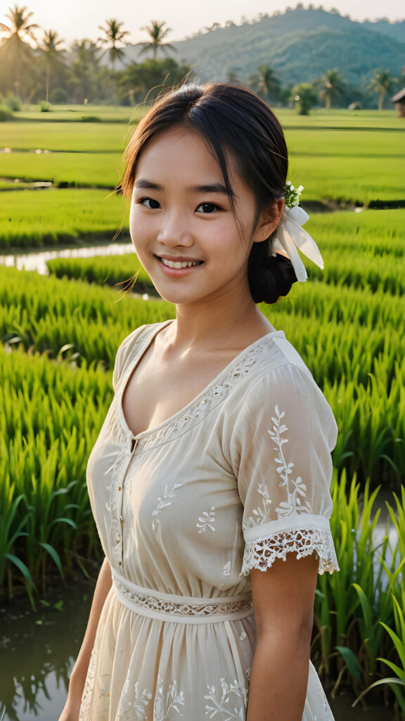 a (((young, beautiful Asian peasant teen girl))), dressed in a simple, flowing dress, smile confidently as she stands amidst a vast (((rice paddy))), her surroundings bathed in a serene, sunny glow