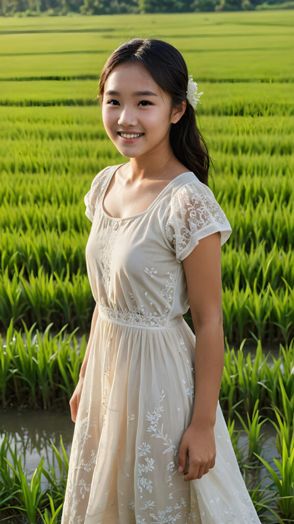 a (((young, beautiful Asian peasant teen girl))), dressed in a simple, flowing dress, smile confidently as she stands amidst a vast (((rice paddy))), her surroundings bathed in a serene, sunny glow