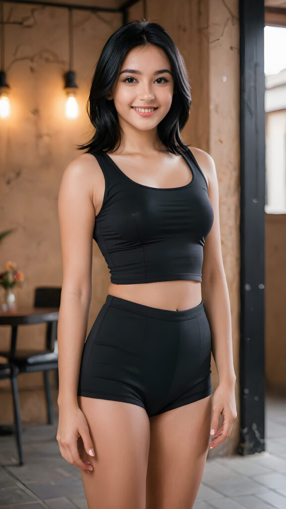 a (((young, beautiful girl))), with luxuriously shiny (((black hair))), dressed in a sleek, ((tight crop top, short pants)) that showcases her flawless figure and contours, exuding confidence and a playful grin towards the camera, against a (distinctly empty) backdrop