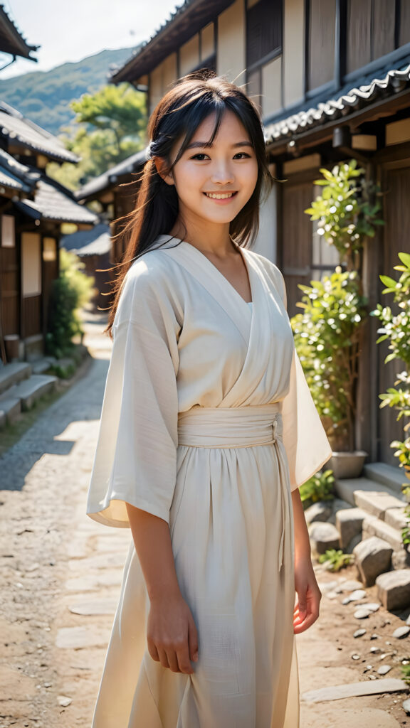 a (((young, beautiful Japanese peasant teen girl))), long straight soft black hair, dressed in a simple, flowing dress, smile confidently as she stands amidst a vast (((traditional village))), her surroundings bathed in a serene, sunny glow