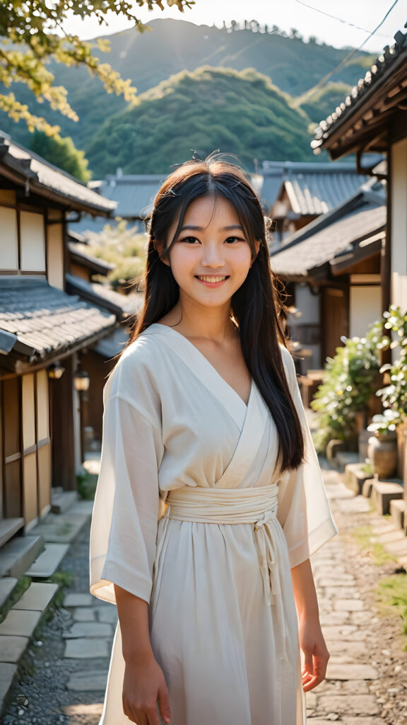 a (((young, beautiful Japanese peasant teen girl))), long straight soft black hair, dressed in a simple, flowing dress, smile confidently as she stands amidst a vast (((traditional village))), her surroundings bathed in a serene, sunny glow