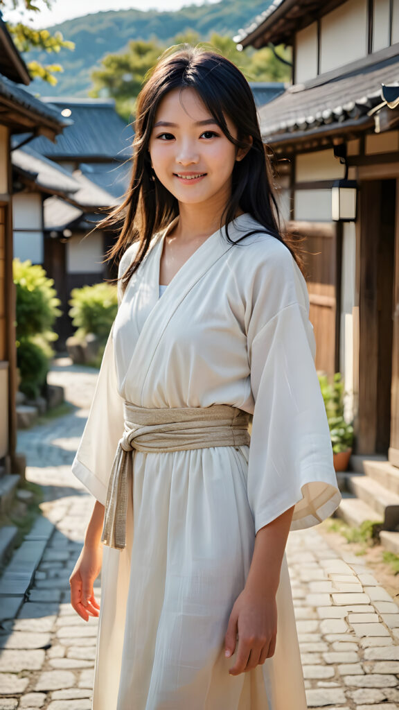 a (((young, beautiful Japanese peasant teen girl))), long straight soft black hair, dressed in a simple, flowing dress, smile confidently as she stands amidst a vast (((traditional village))), her surroundings bathed in a serene, sunny glow