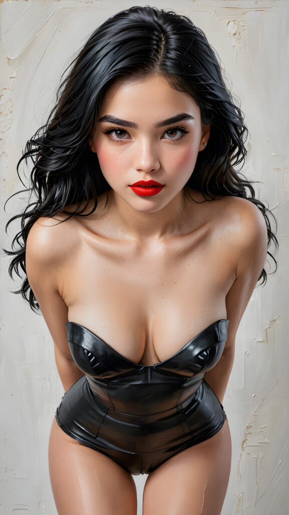 a young, beautiful teen girl with black hair, full, round red lips and black eyes, thin dressed in black, view from above, ((realistic detailed) (full body view), perfect curved body, realistic an detailed photo, ((empty background))