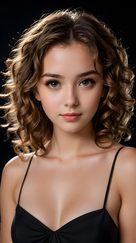 a young, beautiful girl, 19 years old, curly light brown hair, seductive look, angelic face, real-life features, detailed hair, realistic eyes, beautiful, with delicate facial muscles, sharp focus, high-contrast lighting, in an all-black background, surrounded by darkness, illuminated only by weak light falling from the side.