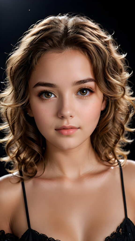 a young, beautiful girl, 19 years old, curly light brown hair, seductive look, angelic face, real-life features, detailed hair, realistic eyes, beautiful, with delicate facial muscles, sharp focus, high-contrast lighting, in an all-black background, surrounded by darkness, illuminated only by weak light falling from the side.