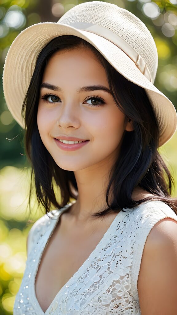 a young, beautiful teen girl. She has black, full, shiny hair. She is wearing a white hat. Her white, flawless skin shimmers slightly. Full lips. Perfect body. She smiles. ((detailed perfect photo)) ((stunning)) ((gorgeous)) ((cute))