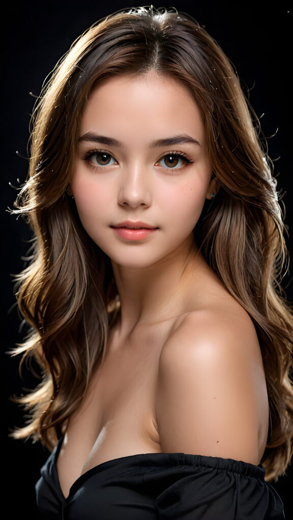 a young, beautiful girl, 19 years old, straight long jet light brown hair, seductive look, angelic face, real-life features, detailed hair, realistic eyes, beautiful, with delicate facial muscles, sharp focus, high-contrast lighting, in an all-black background, surrounded by darkness, illuminated only by weak light falling from the side.