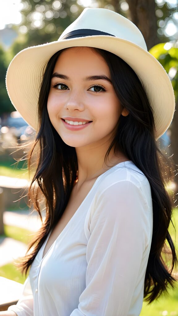 a young, beautiful teen girl. She has black, full, shiny hair. She is wearing a white hat. Her white, flawless skin shimmers slightly. Full lips. Perfect body. She smiles. ((detailed perfect photo)) ((stunning)) ((gorgeous)) ((cute))