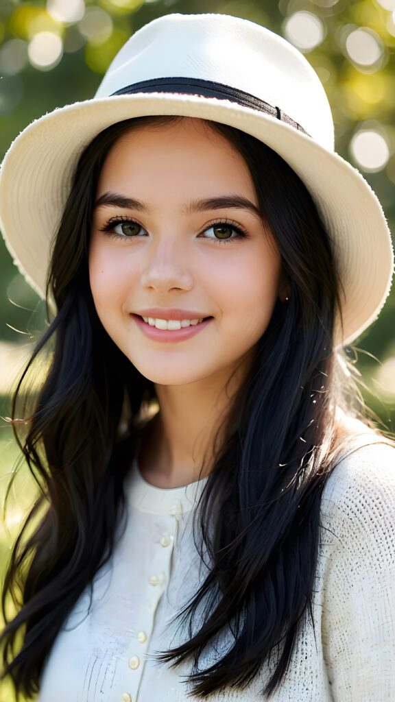 a young, beautiful teen girl. She has black, full, shiny hair. She is wearing a white hat. Her white, flawless skin shimmers slightly. Full lips. Perfect body. She smiles. ((detailed perfect photo)) ((stunning)) ((gorgeous)) ((cute))