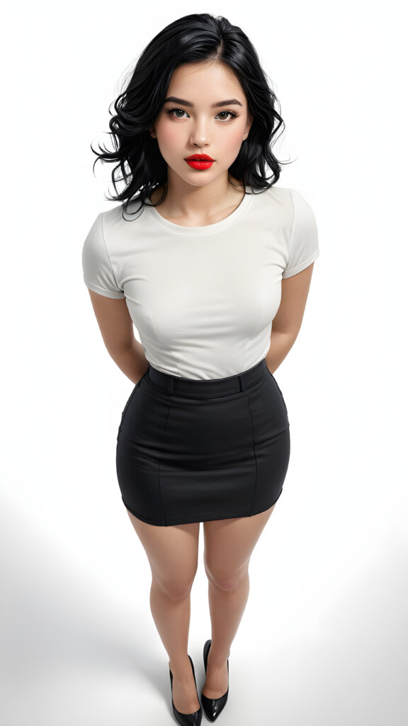 a young, beautiful teen girl with black hair, full, round red lips and black eyes, thin dressed in black, view from above, ((realistic detailed) (full body view), perfect curved body, realistic an detailed photo, ((empty background))