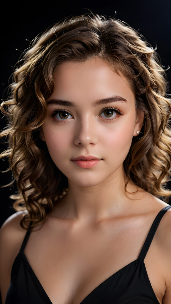 a young, beautiful girl, 19 years old, curly light brown hair, seductive look, angelic face, real-life features, detailed hair, realistic eyes, beautiful, with delicate facial muscles, sharp focus, high-contrast lighting, in an all-black background, surrounded by darkness, illuminated only by weak light falling from the side.