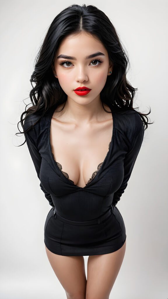 a young, beautiful teen girl with black hair, full, round red lips and black eyes, thin dressed in black, view from above, ((realistic detailed) (full body view), perfect curved body, realistic an detailed photo, ((empty background))