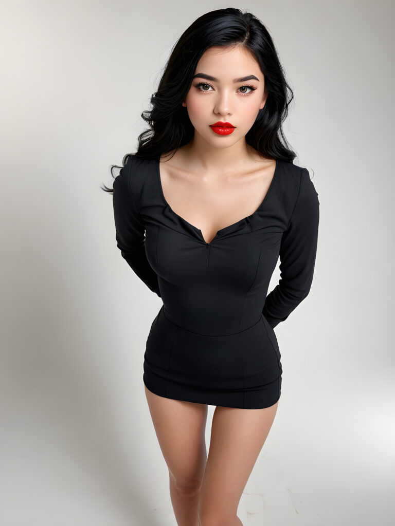 a young, beautiful teen girl with black hair, full, round red lips and black eyes, thin dressed in black, view from above, ((realistic detailed) (full body view), perfect curved body, realistic an detailed photo, ((empty background))