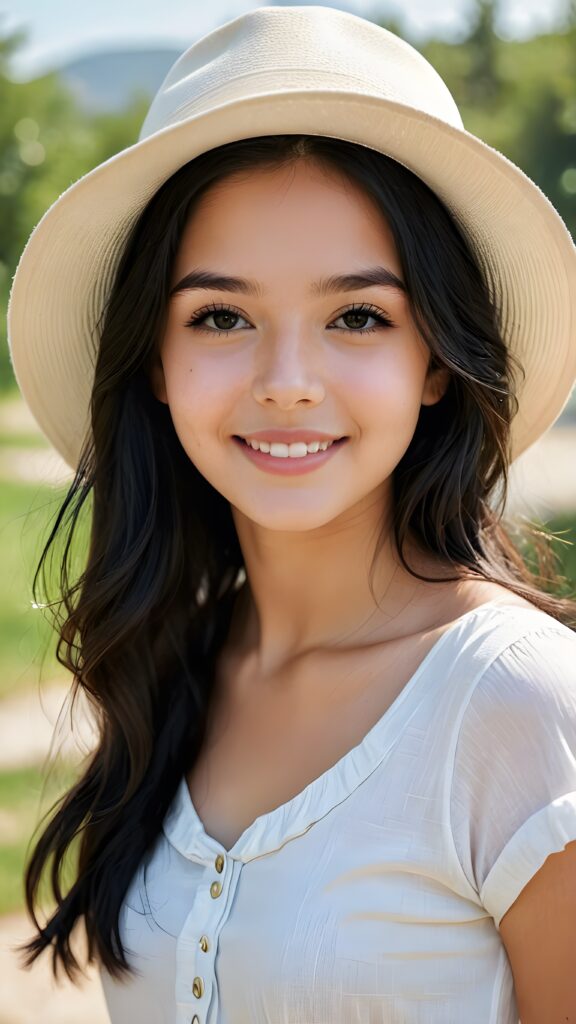 a young, beautiful teen girl. She has black, full, shiny hair. She is wearing a white hat. Her white, flawless skin shimmers slightly. Full lips. Perfect body. She smiles. ((detailed perfect photo)) ((stunning)) ((gorgeous)) ((cute))