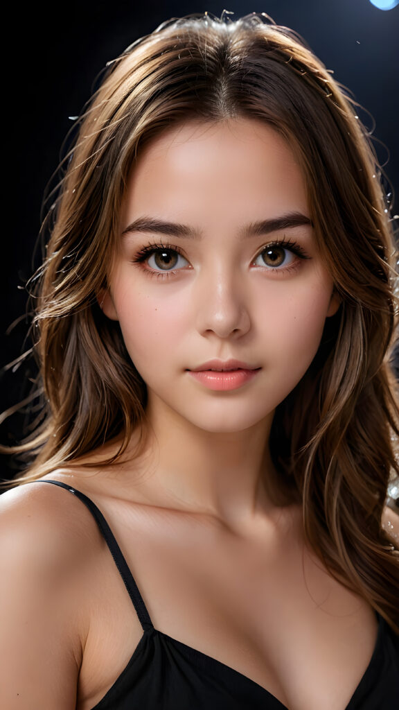 a young, beautiful girl, 19 years old, straight long jet light brown hair, seductive look, angelic face, real-life features, detailed hair, realistic eyes, beautiful, with delicate facial muscles, sharp focus, high-contrast lighting, in an all-black background, surrounded by darkness, illuminated only by weak light falling from the side.