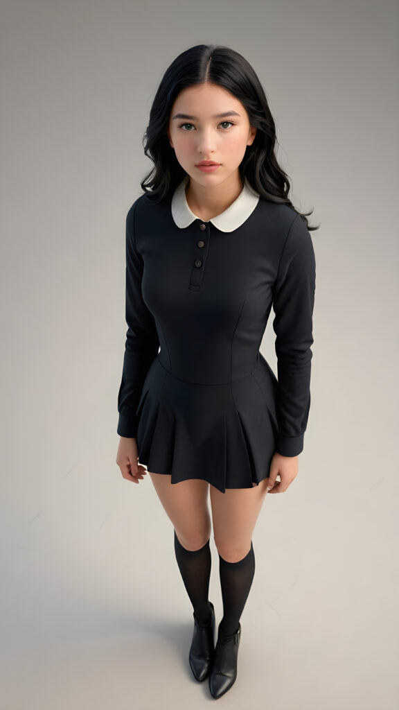 a young, beautiful teen girl with black hair, full, round lips and black eyes, thin dressed in black, view from above, ((realistic detailed) (full body view), perfect curved body, realistic an detailed photo, ((empty background))