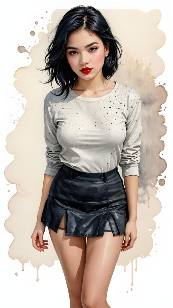 a young, beautiful teen girl with black hair, full, round red lips and black eyes, thin dressed in black, view from above, ((realistic detailed) (full body view), perfect curved body, realistic an detailed photo, ((empty background))