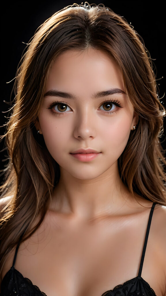 a young, beautiful girl, 19 years old, straight long jet light brown hair, seductive look, angelic face, real-life features, detailed hair, realistic eyes, beautiful, with delicate facial muscles, sharp focus, high-contrast lighting, in an all-black background, surrounded by darkness, illuminated only by weak light falling from the side.