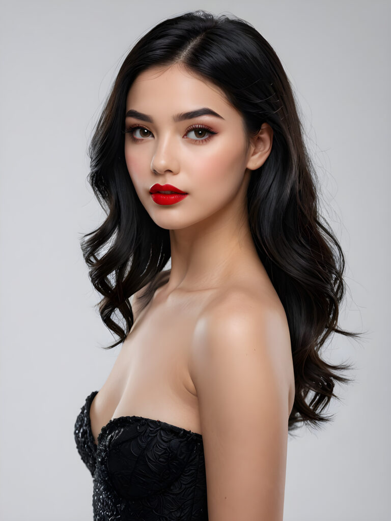 a young, beautiful teen girl with black hair, full, round red lips and black eyes, thin dressed in black, view from above, ((realistic detailed) (full body view), perfect curved body, realistic an detailed photo, ((empty background))