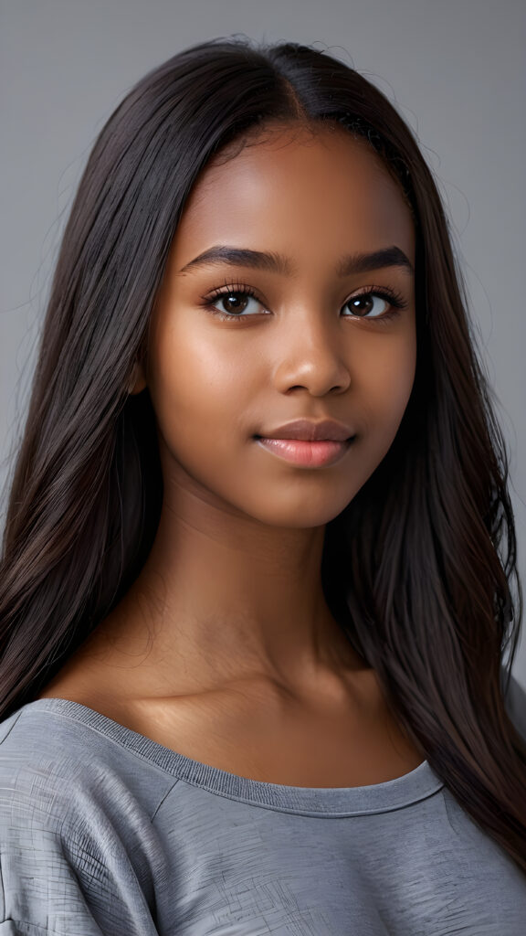 a young beautiful dark-skinned cute teen girl, straight hair, grey background, ((stunning)) ((gorgeous)) ((4k)) ((realistic detailed photo))