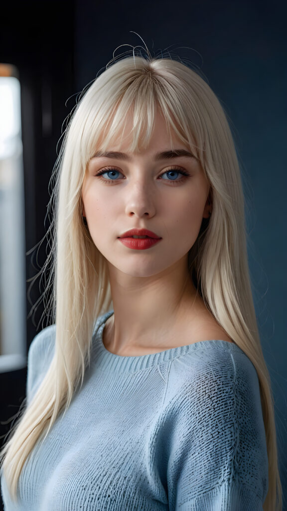 a young beautiful young Nordic girl, she has full red lips and her mouth is slightly open ready to kiss, white teeth, she has long (((detailed white straight hair in bangs cut))) (her hair falls on her shoulders), and (realistic light blue eyes), ((angelic face)), dark background, perfect shadows, weak light falls into the picture from the side, she wears a tight (((sweater in blue))), perfect curved body, she looks seductively at the viewer, flawless skin, ((side view)) ((ultra realistic photo)) ((stunning)) ((gorgeous)) ((4k))