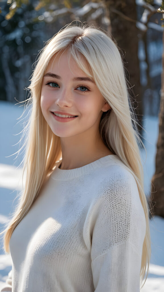 a young beautiful cute young Nordic teen girl, 15 years old, warm smile, dimmed light falls on her, she has long (((white straight long hair, bangs cut))) (her hair falls on her shoulders), and (realistic dark blue eyes), ((angelic round face)), in a dreamy, snowy landscape, perfect shadows, she wears (a ((white tight silk sweater))), perfect curved fit body, she looks seductively at the viewer and smiles slightly, upper body, flawless skin, ((side profile)) ((ultra realistic photo)) ((stunning)) ((gorgeous)) ((4k))