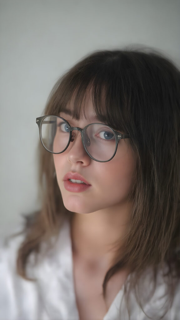 a young beautiful Exotic teen girl, wearing a large, dark prescription glasses, she wears a white bathrobe, she has (full red lips) and her mouth is slightly open, she has long (((detailed straight shoulder-length dark hair, bangs that are parted to the side))), and (realistic dark eyes), ((angelic face)), ((grey background)), perfect shadows, weak light falls into the picture from the side, perfect curved body, she looks seductively at the viewer, flawless skin, white teeth, ((side view)) ((ultra realistic photo)) ((stunning)) ((gorgeous)) ((4k)) ((upper body))