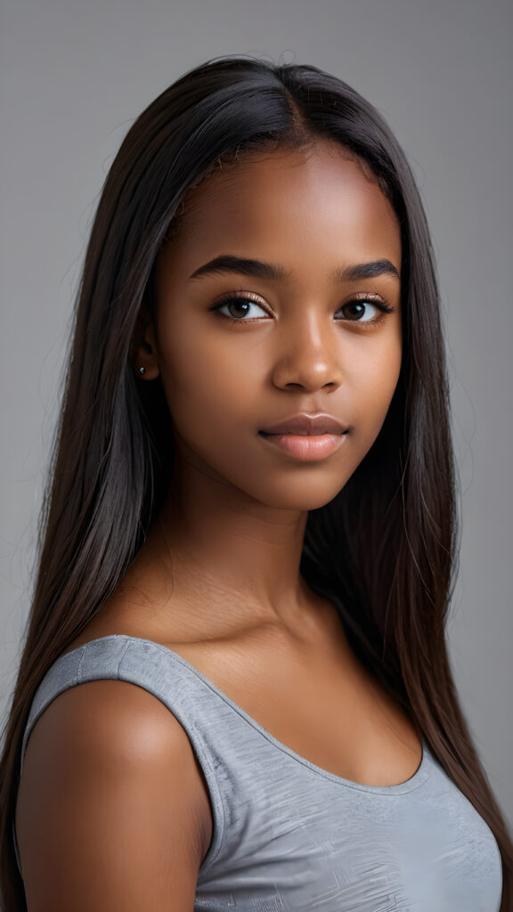 a young beautiful dark-skinned cute teen girl, straight hair, grey background, ((stunning)) ((gorgeous)) ((4k)) ((realistic detailed photo))