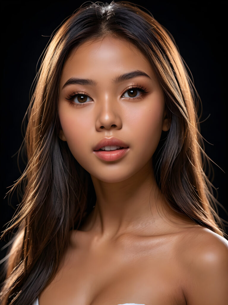 a young beautiful young little Filipino teenage girl, ((long straight jet soft hair)), ((full lips)), (((mouth slightly open))), ((seductive look)), tanned skin, (realistic shiny round light brown eyes), (((angelic face))), black background, (perfect shadows), (weak light falls into the picture from the side), (perfect curved body), she looks seductively at the viewer, (flawless skin), ((side view)) ((ultra realistic photo)) ((stunning)) ((gorgeous)) ((4k)) ((upper body)) ((close up))