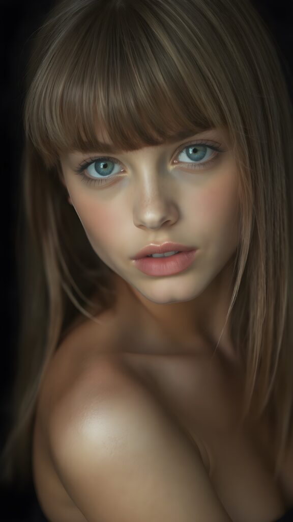 a young beautiful girl, ((jet soft straight light brown hair, bangs frame her face)), ((full natural lips)), (((mouth slightly open))), ((seductive look)), glossy shiny tanned skin, (realistic shiny round light blue eyes), (((angelic face))), black background, (perfect shadows), (light falls into the picture from the side), (perfect curved body), she looks seductively at the viewer, (flawless skin), ((side view)) ((ultra realistic photo)) ((stunning)) ((gorgeous)) ((4k)) ((upper body))