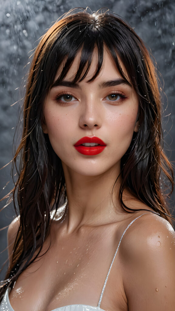 a young beautiful girl, wearing a large, she has (full red lips) and her mouth is slightly open, she has long (((detailed straight wet shoulder-length dark hair, bangs that are parted to the side))), and (realistic dark eyes), ((angelic face)), ((grey background)), perfect shadows, weak light falls into the picture from the side, perfect curved body, she looks seductively at the viewer, flawless skin, white teeth, ((side view)) ((ultra realistic photo)) ((stunning)) ((gorgeous)) ((4k)) ((upper body))