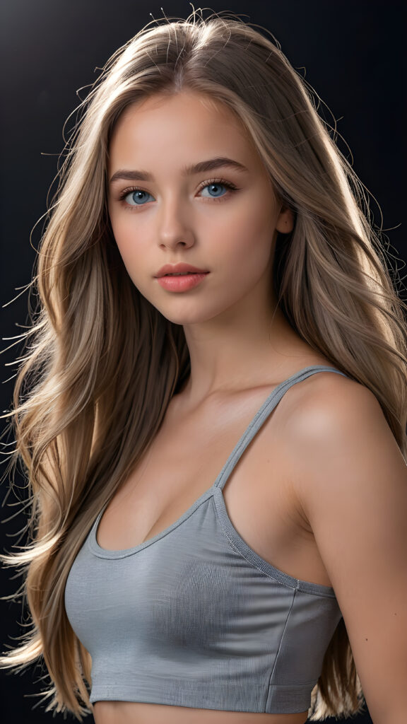 a young beautiful young teen girl, she has full lips and her mouth is slightly open ready to kiss, she has long (((detailed straight hair))) (her hair falls on her shoulders), and (realistic light blue eyes), ((angelic face)), black background, perfect shadows, weak light falls into the picture from the side, she wears a tight (((grey crop top))), perfect curved body, she looks seductively at the viewer, flawless skin, ((side view)) ((ultra realistic photo)) ((stunning)) ((gorgeous)) ((4k))