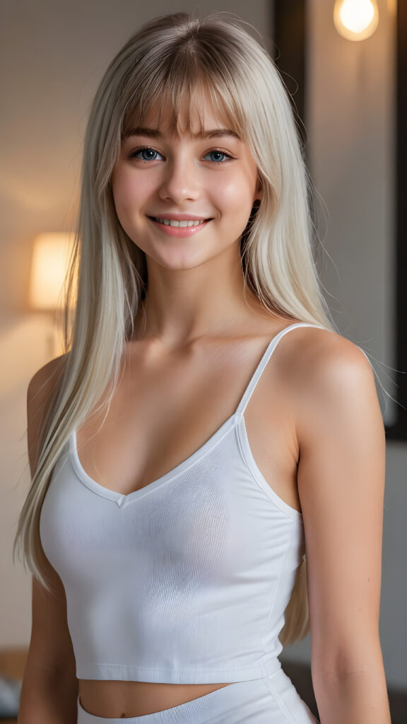 a young beautiful cute young fit petite teen girl, warm smile, dimmed light falls on her, she has long (((straight long soft platinum hair, bangs cut))) (her hair falls on her shoulders), and (realistic dark blue eyes), ((angelic round face)), in a dreamy, perfect shadows, she wears a ((white tight crop spaghetti tank top, deep v-neck)), ((baggy white pants)), (accentuating her ((navel))) perfect curved fit body, she looks seductively at the viewer and smiles slightly, upper body, flawless skin, light background, ((side profile)) ((ultra realistic photo)) ((stunning)) ((gorgeous)) ((4k)) ((full body))