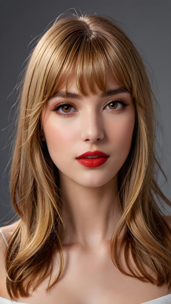 a young beautiful girl, she has (full red lips) and her mouth is slightly open, she has long (((detailed straight shoulder-length brown blond hair, bangs that are parted to the side))), and (realistic dark eyes), ((angelic face)), ((grey background)), perfect shadows, weak light falls into the picture from the side, perfect curved body, she looks seductively at the viewer, flawless skin, white teeth, ((side view)) ((ultra realistic photo)) ((stunning)) ((gorgeous)) ((4k)) ((upper body))