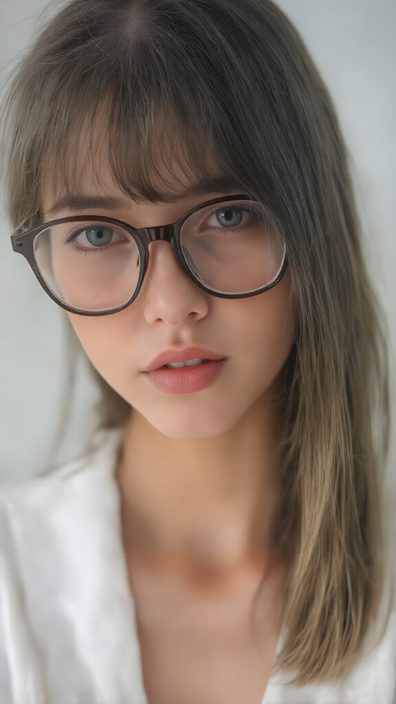 a young beautiful Exotic teen girl, wearing a large, dark prescription glasses, she wears a white bathrobe, she has (full red lips) and her mouth is slightly open, she has long (((detailed straight shoulder-length dark hair, bangs that are parted to the side))), and (realistic dark eyes), ((angelic face)), ((grey background)), perfect shadows, weak light falls into the picture from the side, perfect curved body, she looks seductively at the viewer, flawless skin, white teeth, ((side view)) ((ultra realistic photo)) ((stunning)) ((gorgeous)) ((4k)) ((upper body))