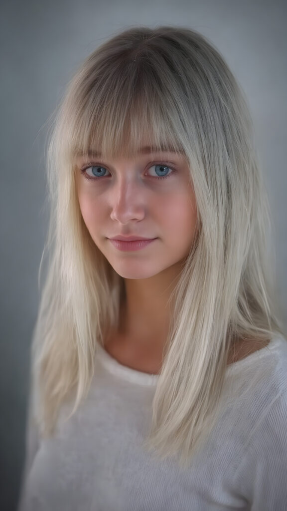 a young beautiful cute young fit Nordic teen girl, 13 years old, warm smile, dimmed light falls on her, she has long (((white straight long hair, bangs cut))) (her hair falls on her shoulders), and (realistic dark blue eyes), ((angelic round face)), in a dreamy, perfect shadows, she wears (a ((white tight silk sweater))), perfect curved fit body, she looks seductively at the viewer and smiles slightly, upper body, flawless skin, grey background, ((side profile)) ((ultra realistic photo)) ((stunning)) ((gorgeous)) ((4k))