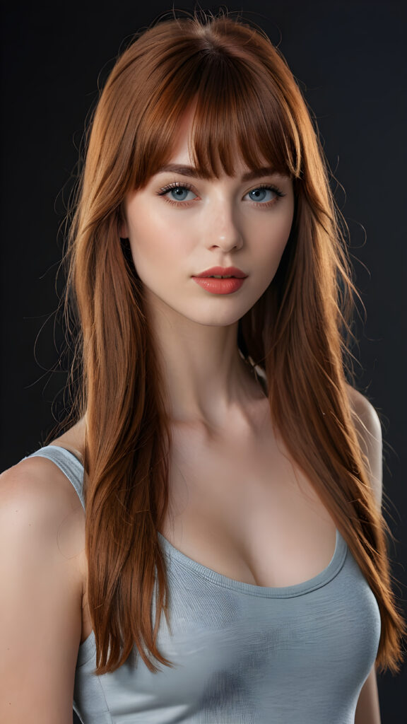 a young beautiful young girl, she has full red lips and her mouth is slightly open ready to kiss, she has long (((detailed +attribut straight hair in bangs cut))) (her hair falls on her shoulders), and (realistic light blue eyes), ((angelic face)), black background, perfect shadows, weak light falls into the picture from the side, she wears a tight (((grey crop top))), perfect curved body, she looks seductively at the viewer, flawless skin, ((side view)) ((ultra realistic photo)) ((stunning)) ((gorgeous)) ((4k)), full body