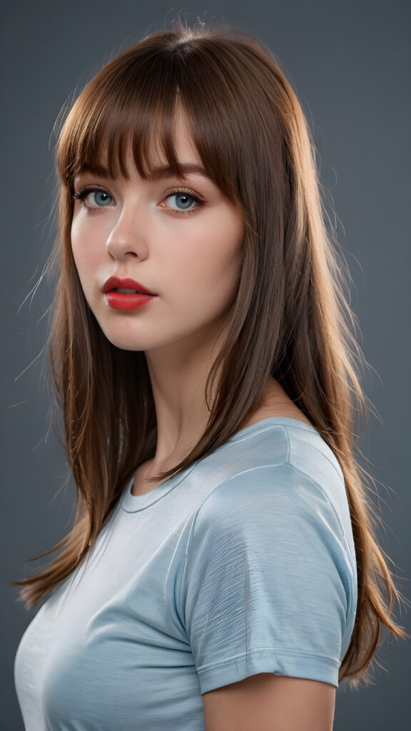 a young beautiful young girl, she has full red lips and her mouth is slightly open ready to kiss, she has long (((detailed soft straight hair in bangs cut))) (her hair falls on her shoulders), and (realistic light blue eyes), ((angelic face)), black background, perfect shadows, weak light falls into the picture from the side, she wears a tight (((she wears a grey short form-fitting t-shirt))), perfect curved body, she looks seductively at the viewer, flawless skin, ((side view)) ((ultra realistic photo)) ((stunning)) ((gorgeous)) ((4k)), full body