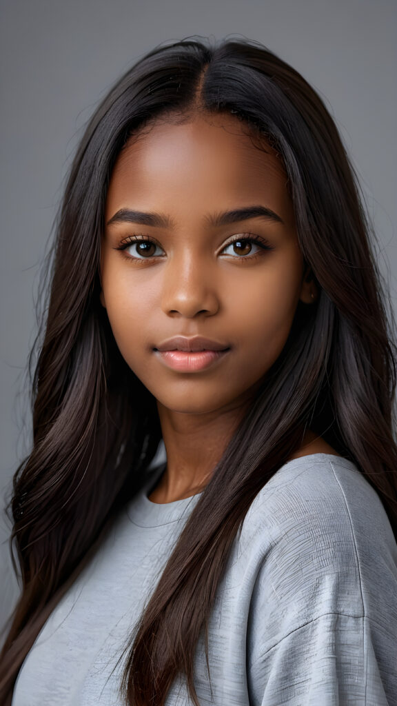 a young beautiful dark-skinned cute teen girl, straight hair, grey background, ((stunning)) ((gorgeous)) ((4k)) ((realistic detailed photo))