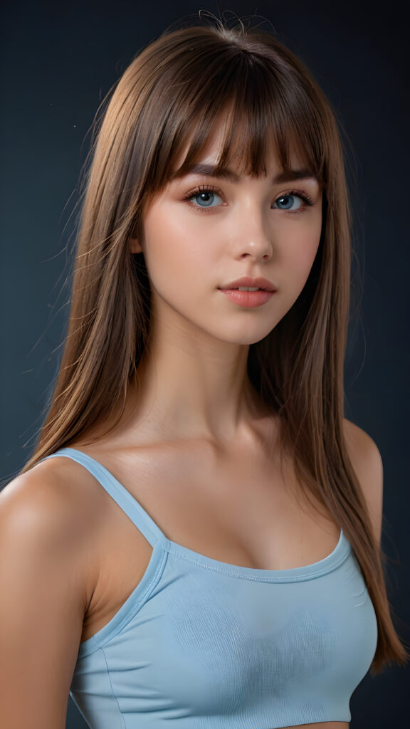 a young beautiful teen girl, she has full lips and her mouth is slightly open ready to kiss, she has long (((detailed brown straight shoulder-length hair, bangs that are parted to the side))), and (realistic light blue eyes), ((angelic face)), dark background, perfect shadows, weak light falls into the picture from the side, she wears a tight (((crop top in black))), perfect curved body, she looks seductively at the viewer, flawless skin, white teeth, ((side view)) ((ultra realistic photo)) ((stunning)) ((gorgeous)) ((4k)) ((upper body))