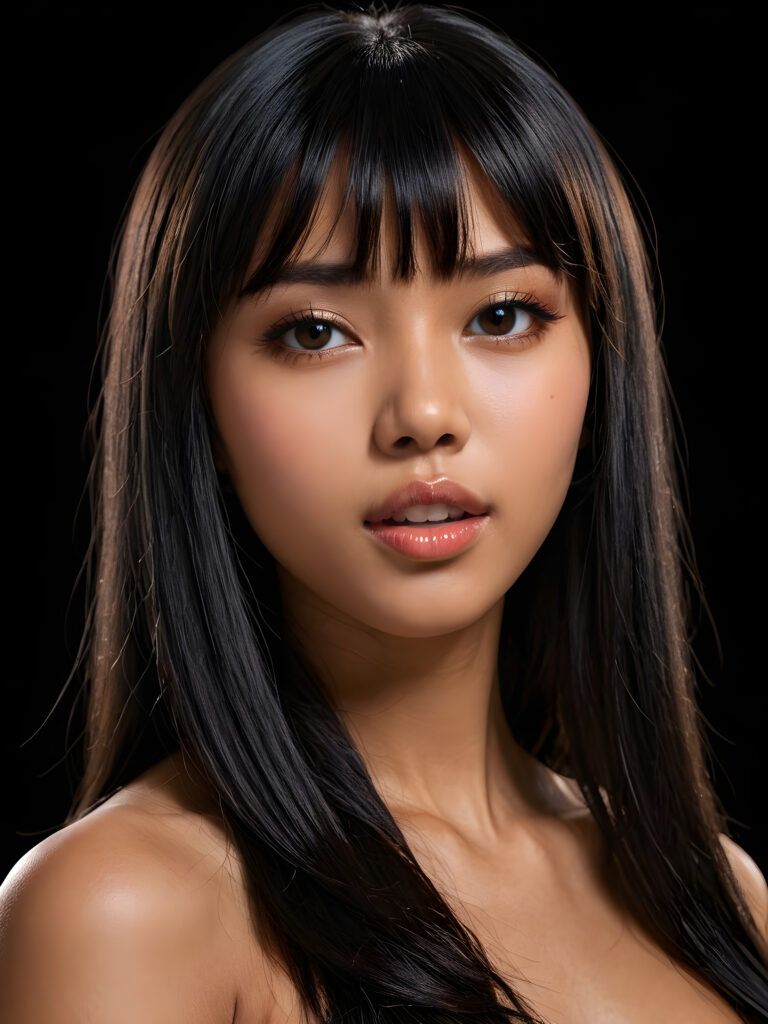 a young beautiful young little Indonesian teenage girl, ((long straight black jet hair, bangs)), ((full lips)), (((mouth slightly open))), ((seductive look)), tanned skin, (realistic shiny round light brown eyes), (((angelic face))), black background, (perfect shadows), (weak light falls into the picture from the side), (perfect curved body), she looks seductively at the viewer, (flawless skin), ((side view)) ((ultra realistic photo)) ((stunning)) ((gorgeous)) ((4k)) ((upper body)) ((close up))