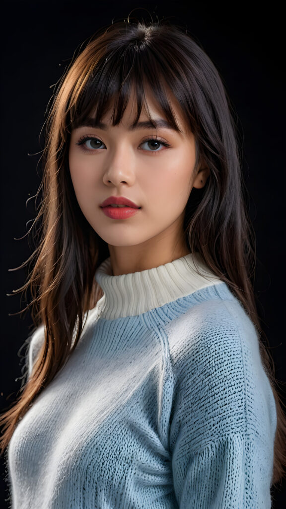 a young beautiful young Indonesian girl, she has full red lips and her mouth is slightly open ready to kiss, she has long (((detailed dark straight hair in bangs cut))) (her hair falls on her shoulders), and (realistic light blue eyes), ((angelic face)), black background, perfect shadows, weak light falls into the picture from the side, she wears a tight (((wool sweater in white))), perfect curved body, she looks seductively at the viewer, flawless skin, ((side view)) ((ultra realistic photo)) ((stunning)) ((gorgeous)) ((4k))