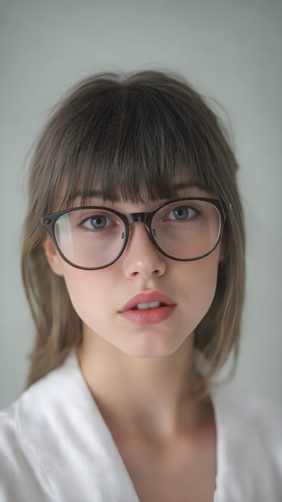 a young beautiful Exotic teen girl, wearing a large, dark prescription glasses, she wears a white bathrobe, she has (full red lips) and her mouth is slightly open, she has long (((detailed straight shoulder-length dark hair, bangs that are parted to the side))), and (realistic dark eyes), ((angelic face)), ((grey background)), perfect shadows, weak light falls into the picture from the side, perfect curved body, she looks seductively at the viewer, flawless skin, white teeth, ((side view)) ((ultra realistic photo)) ((stunning)) ((gorgeous)) ((4k)) ((upper body))