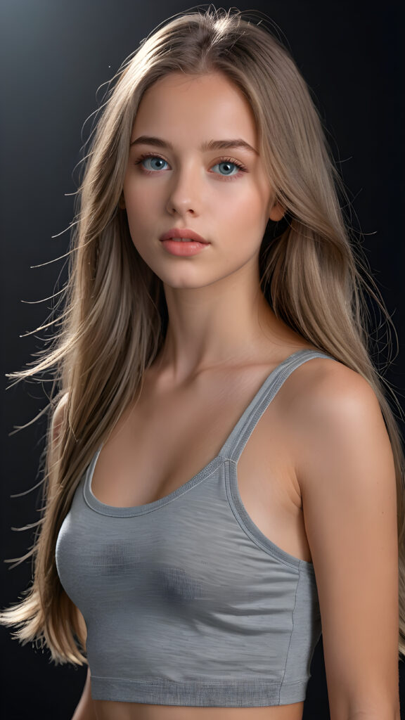 a young beautiful young teen girl, she has full lips and her mouth is slightly open ready to kiss, she has long (((detailed straight hair))) (her hair falls on her shoulders), and (realistic light blue eyes), ((angelic face)), black background, perfect shadows, weak light falls into the picture from the side, she wears a tight (((grey crop top))), perfect curved body, she looks seductively at the viewer, flawless skin, ((side view)) ((ultra realistic photo)) ((stunning)) ((gorgeous)) ((4k))