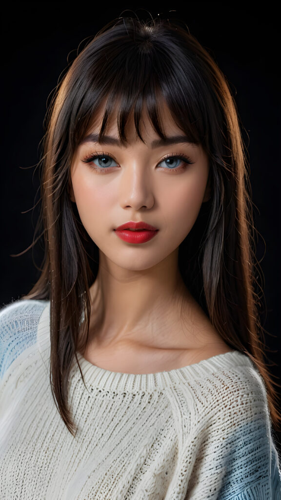 a young beautiful young Indonesian girl, she has full red lips and her mouth is slightly open ready to kiss, she has long (((detailed dark straight hair in bangs cut))) (her hair falls on her shoulders), and (realistic light blue eyes), ((angelic face)), black background, perfect shadows, weak light falls into the picture from the side, she wears a tight (((wool sweater in white))), perfect curved body, she looks seductively at the viewer, flawless skin, ((side view)) ((ultra realistic photo)) ((stunning)) ((gorgeous)) ((4k))