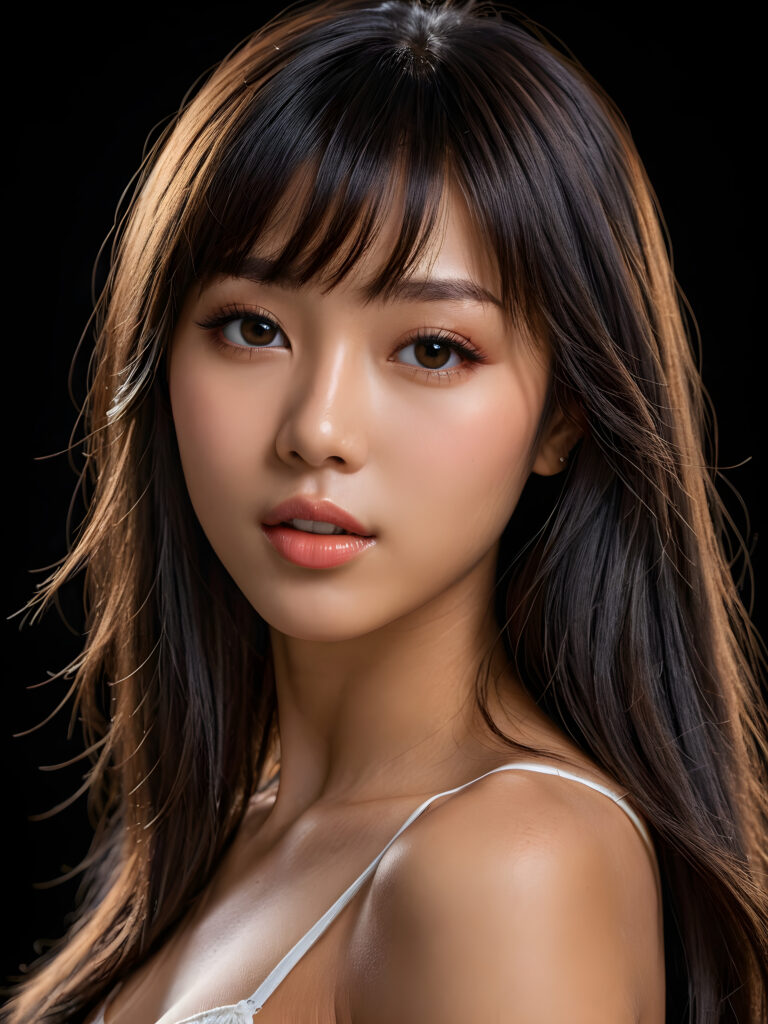 a young beautiful young little Oriental teenage girl, ((long straight jet hair, bangs)), ((full lips)), (((mouth slightly open))), ((seductive look)), tanned skin, (realistic shiny round light brown eyes), (((angelic face))), black background, (perfect shadows), (weak light falls into the picture from the side), (perfect curved body), she looks seductively at the viewer, (flawless skin), ((side view)) ((ultra realistic photo)) ((stunning)) ((gorgeous)) ((4k)) ((upper body)) ((close up))